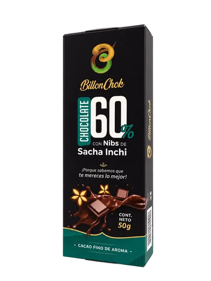 Tableta BillonChok de chocolate 60 % cacao con trozos de sacha inchi, 50 g
