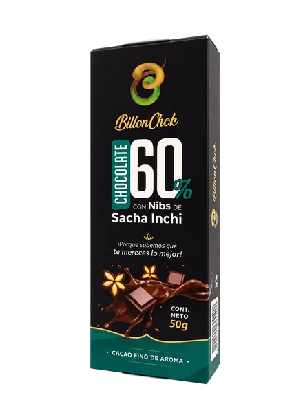 Tableta BillonChok de chocolate 60 % cacao con trozos de sacha inchi, 50 g