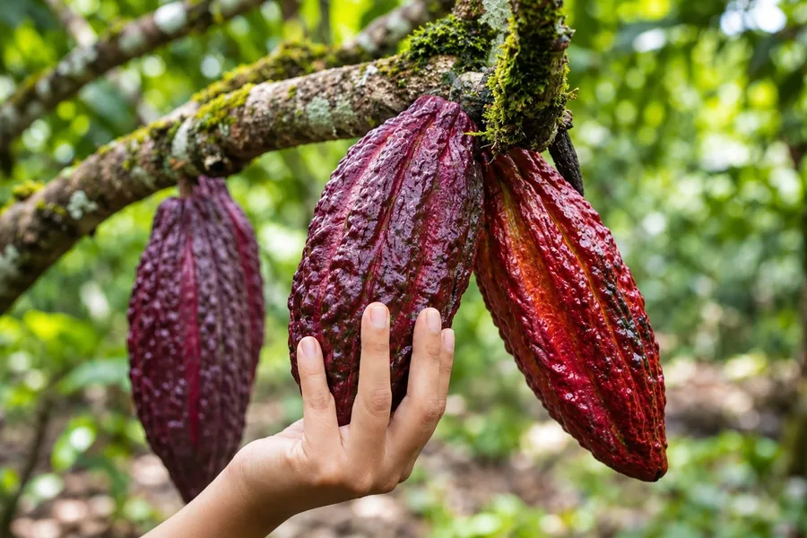 Una mano tocando mazorcas rojas de cacao que crecen en el árbol