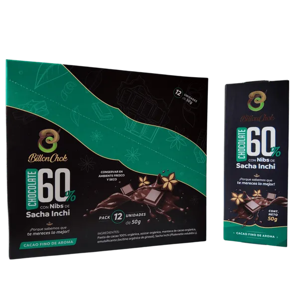 Caja de 12 barras de chocolate 60% con nibs de sacha inchi